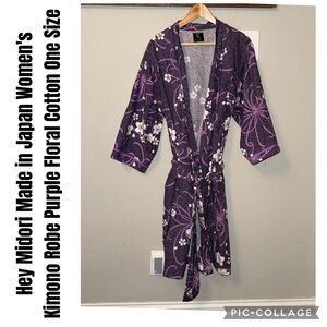 Hey Midori Made in Japan Women's Kimono Robe Purple Floral Cotton One Size